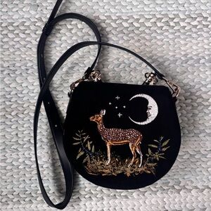 Elegant Black Crossbody Bag with Deer and Moon Embroidery